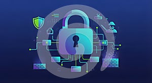 Cybersecurity concept Digital padlock, hacker, shield, network, binary code and firewall icons