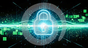 Cybersecurity concept, digital padlock, network protection, binary code, data security, internet safety, green technology