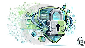 Cybersecurity Concept: Digital Padlock and Shield Protecting Data Network