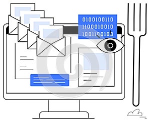 Cybersecurity Concept with Email, Data, and Monitoring Eye on Computer Screen