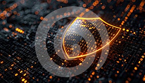 Cybersecurity concept with glowing digital shield binary code