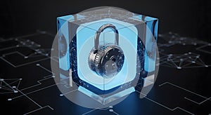 Cybersecurity Concept: Glowing Lock Inside Transparent Cube