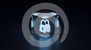 Cybersecurity Concept: Glowing Lock Inside Transparent Cube