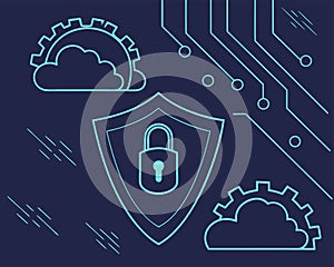 Cybersecurity concept with a glowing padlock icon inside a shield, binary code lines in the background