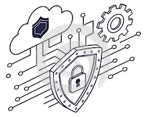 Cybersecurity concept with a glowing padlock icon inside a shield, binary code lines in the background