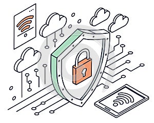 Cybersecurity concept with a glowing padlock icon inside a shield, binary code lines in the background