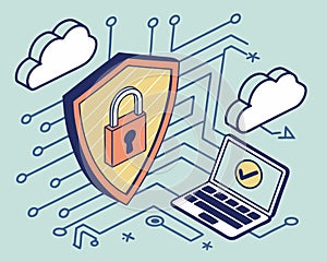 Cybersecurity concept with a glowing padlock icon inside a shield, binary code lines in the background