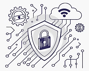Cybersecurity concept with a glowing padlock icon inside a shield, binary code lines in the background