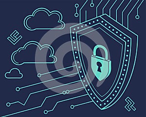 Cybersecurity concept with a glowing padlock icon inside a shield, binary code lines in the background