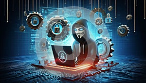 Cybersecurity Concept with Hacker and Technology Elements