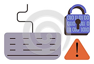 Cybersecurity Concept with Keyboard, Digital Lock, and Warning Alert Symbol