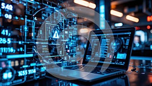Cybersecurity Concept with Laptop and Digital Data Interface