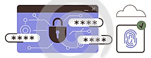 Cybersecurity Concept with Lock, Passwords, Biometrics, and Cloud Integration