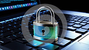 Cybersecurity Concept:a lock on top of a laptop keyboard generated