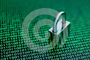 Cybersecurity concept with a padlock over binary code background.