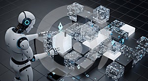 Cybersecurity concept of a robot solving a complex 3D data puzzle, symbolizing encryption, decryption, problem-solving, and the