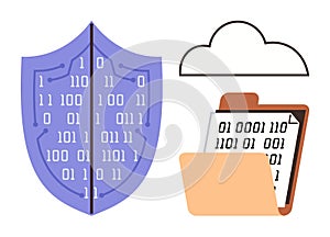 Cybersecurity Concept with Shield, Binary Code, Cloud, and Data Folder