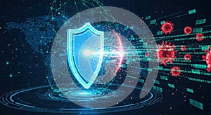 Cybersecurity concept with shield and binary code