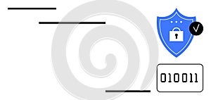 Cybersecurity Concept with Shield Icon and Binary Code Indicating Data Protection