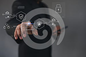 Cybersecurity concept showing biometric authentication and data protection interface,representing digital security,encryption,