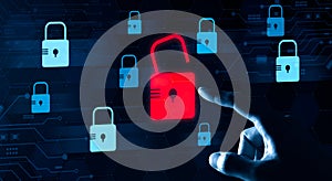 Cybersecurity concept. The system hacked alert and the padlock in red was unlocked. cyber security, secure encryption, information