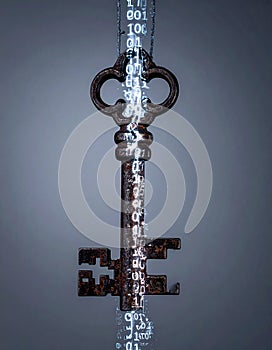 Cybersecurity Concept with Vintage Key and Binary Code