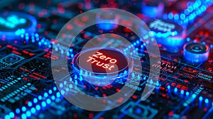 Cybersecurity concept of Zero Trust network security model illuminated on digital interface, representing verification and