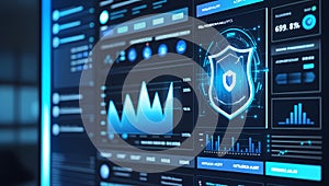 Cybersecurity dashboard on a widescreen monitor displaying various analytics and alert systems