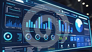 Cybersecurity dashboard on a widescreen monitor displaying various analytics and alert systems