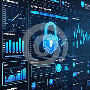 Cybersecurity dashboard on a widescreen monitor displaying various analytics and alert systems