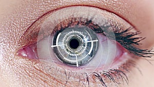 Cybersecurity, data and cyborg with scan of eye for biometric, safety and technology. Hologram, 3d and digital