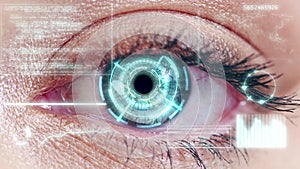 Cybersecurity, data and futuristic with scan of eye for biometric, safety and technology. Hologram, 3d and digital