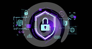 Cybersecurity and data protection, biometric scanning and padlock shield