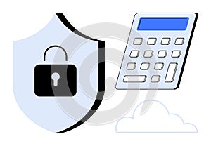 Cybersecurity and Data Protection Concept with Shield, Lock, Calculator, and Cloud Icon