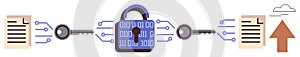 Data Encryption and Cloud Security Concept with Lock, Keys, and Documents