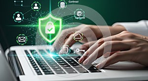 Cybersecurity Data Protection Concept. Hands Typing on Laptop Keyboard with Green Shield Network Icons, Dark Background.