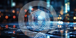 Cybersecurity and data protection concept with shield icon hologram over futuristic interface elements
