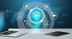 Cybersecurity Data Protection Network Security concept with glowing shield icon blue background laptop tablet