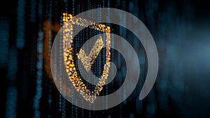 Cybersecurity data protection digital shield security concept network safety technology background binary code glowing checkmark