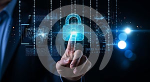 Cybersecurity Data Protection and Digital Technology Conceptual Image Featuring Finger and Padlock Interface