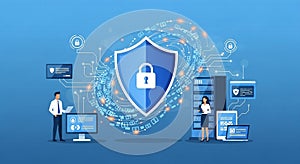 Cybersecurity and Data Protection Illustration Network Security Shield and Server Protection
