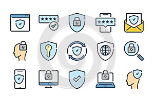 Cybersecurity and Data Protection related color line icon set.