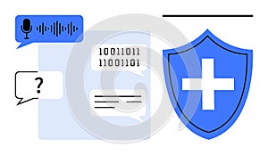 Secure Communication and Data Protection Concept with Chat, Binary Code, and Shield Icon