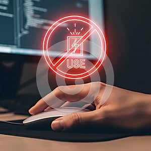 Cybersecurity and Data Risk Concept: A Person Using a Computer with an Unsafe Usage Warning on the Screen