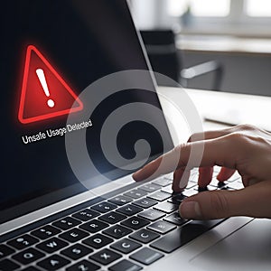 Cybersecurity and Data Risk Concept: A Person Using a Computer with an Unsafe Usage Warning on the Screen