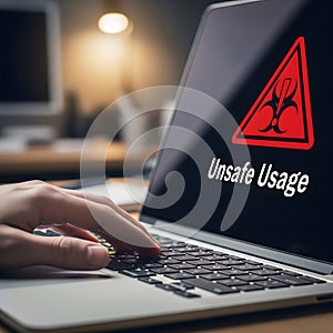 Cybersecurity and Data Risk Concept: A Person Using a Computer with an Unsafe Usage Warning on the Screen