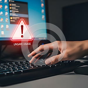 Cybersecurity and Data Risk Concept: A Person Using a Computer with an Unsafe Usage Warning on the Screen