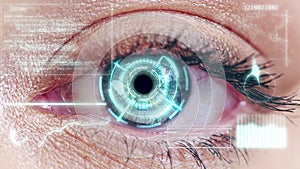 Cybersecurity, data and science with scan of eye for biometric, safety and technology. Hologram, 3d and digital