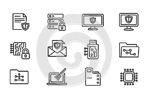 Cybersecurity and Data Security Icons Computer Server Lock USB Drive vector illustration