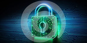 Cybersecurity Digital Lock on Circuit Board Background - 3D Render photo